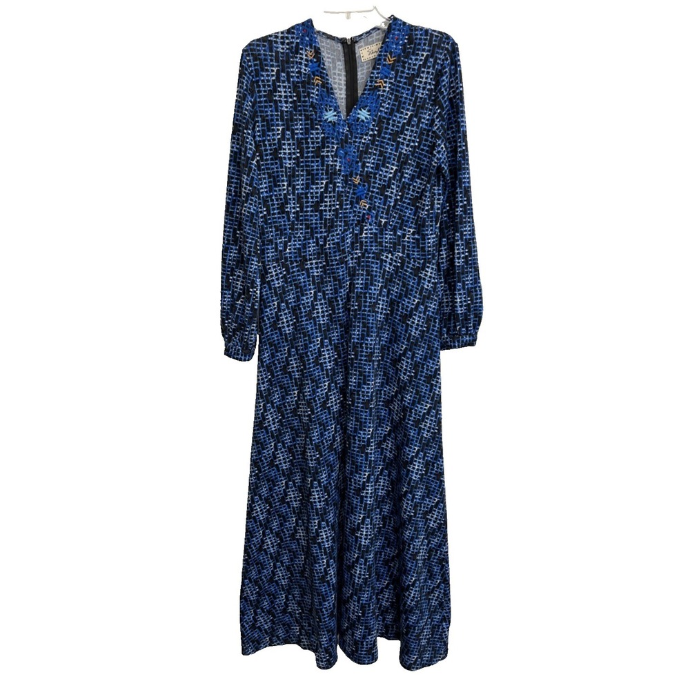 Sheryl Crow Maxi Dress Size M Blue Black Embroidery at Neck Back Zip Long Sleeve